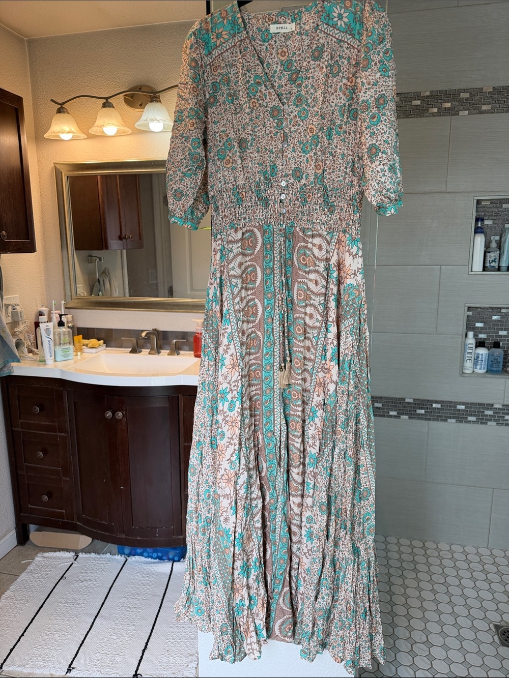 Spell Maxi Dress in Teal, Beige & Brown Floral Paisley